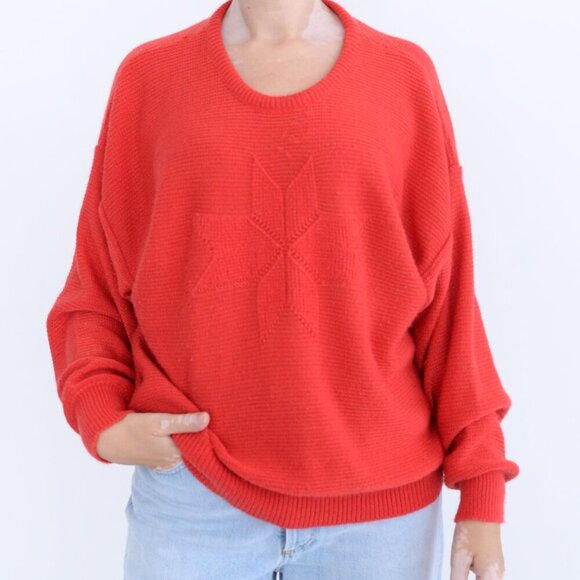Vintage Amy Su Kung Red Fine Knit Crewneck w Red Snowflake Design Sweater L - Picture 1 of 10